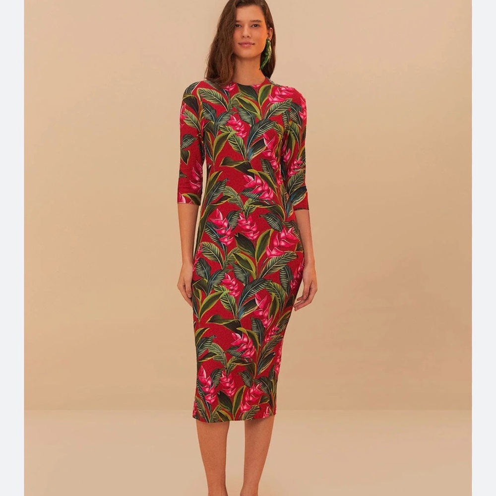 NWT FARM RIO DREAM GARDEN RED JERSEY MIDI DRESS XS S M